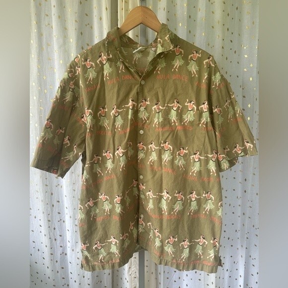 Old Navy Men's 100% Cotton Hula Girl Hawaiian Vacation Button Down Shirt XL - Picture 2 of 4